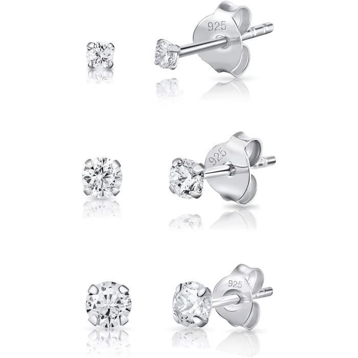 Boucles D'Oreilles En Argent 925 Et Zircone Cubique Ronde Puce D