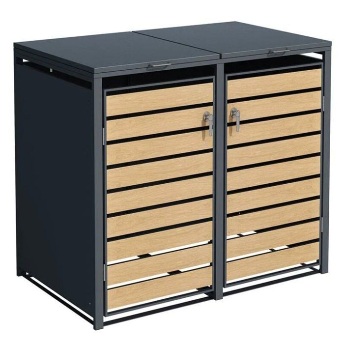 Abri cache poubelle double - 2x 240L - anthracite/ imitation bois en acier