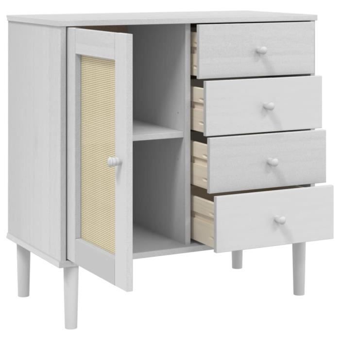 Buffet SENJA Aspect Rotin Blanc 90x40x112cm – Meuble Rangement Bois Massif Pin