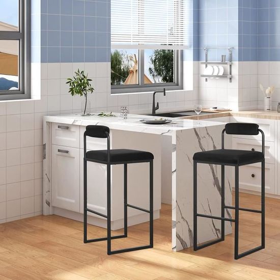 WOLTU Tabouret De Bar Velours Hauteur Réglable – Pivotant 360° – Dossier & Repose-Pieds – Noir – Style Moderne