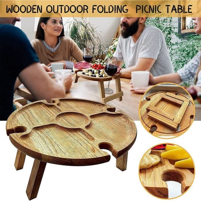 Table à Vin Pliable En Bois – Table De Pique-Nique Portable 2 En 1 Avec Porte-Verres, Parfaite Pour Jardin, Camping & Plage
