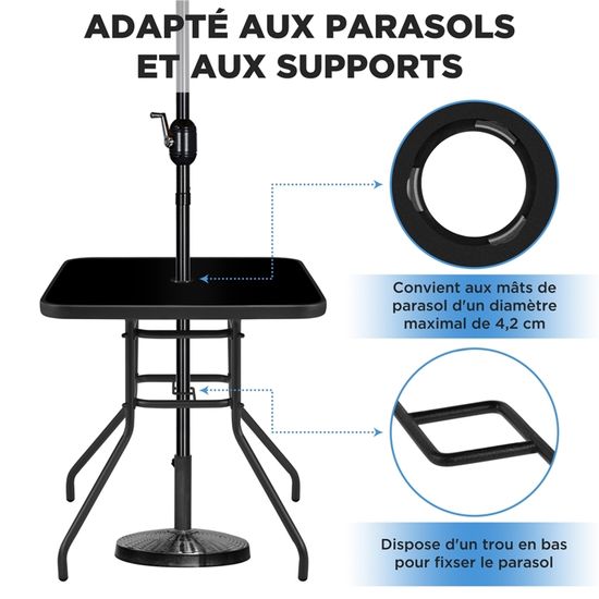 KOMFOTTEU Table D’Appoint Carrée Avec Trou Parasol 89 X 89 X 72 Cm – Plateau Verre Trempé, Cadre Métal Noir – Charge 80 Kg – Jardin, Balcon, Terrasse