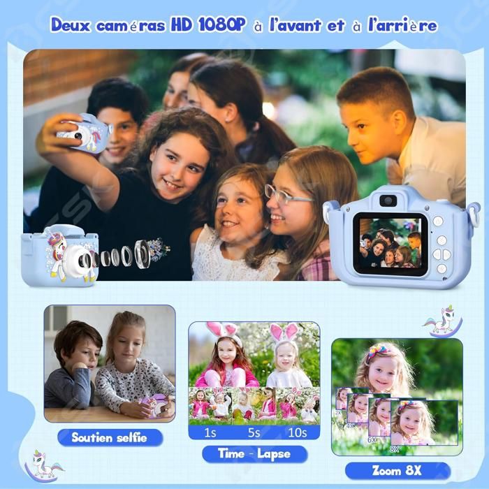 Appareil Photo Enfant, HD 1080P Licorne Appareil Photo Numériques, Écran IPS de 2,4 Pouces Mini