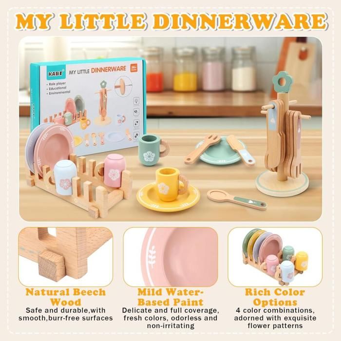 Vaisselle jouet bois enfants : service thé, assiettes, tasses, ustensiles rôle 3-8 ans - Jeux - Jouets