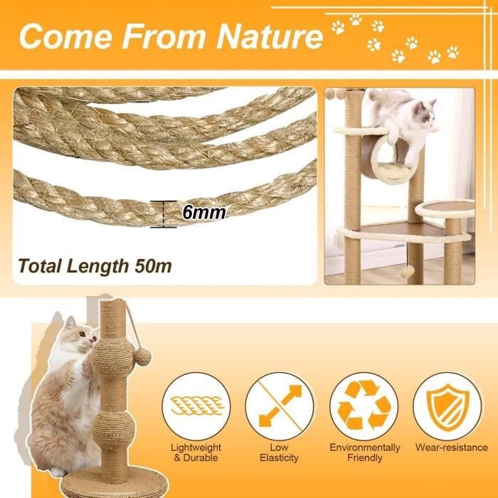 Corde En Sisal Naturel 6 Mm X 50 M – Pour Arbre à Chat, Griffoir, Décoration Jardin – Biodégradable Et Résistante - 7