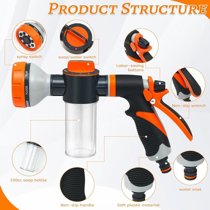 Pistolet D'arrosage 8 Modes - Pour Jardin Et Lavage Voiture - Poignée Ergonomique
