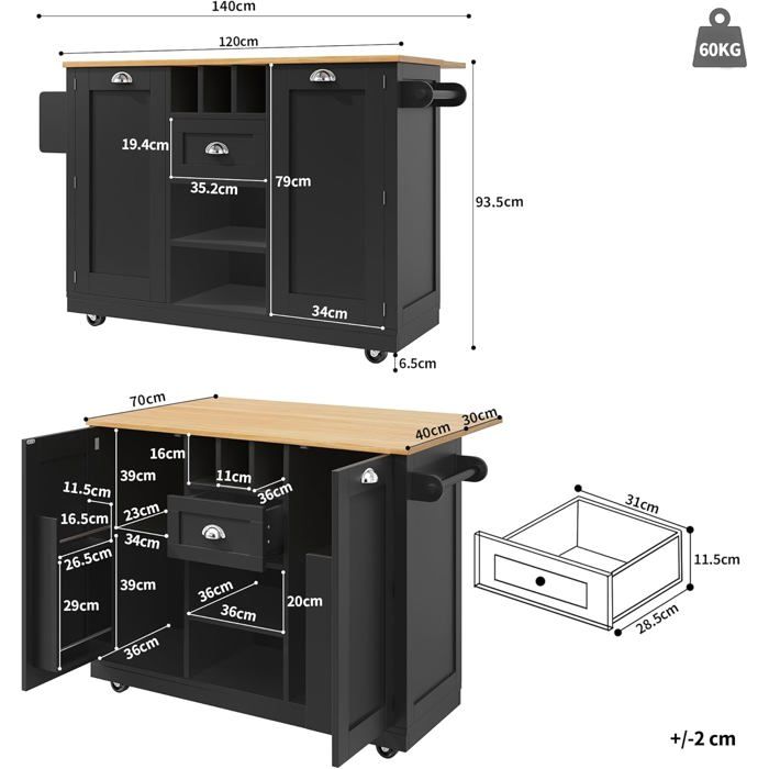 Îlot De Cuisine Mobile Avec Plan Rabattable - 120x70x89 Cm - Noir - 5 Roulettes Freinées - Casier à Vin Et Tiroirs
