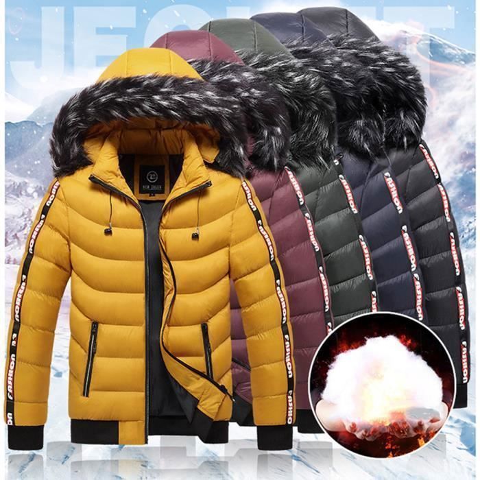 Parka Hiver Capuche Fourrure Homme Chaude Manteau Epais Mi Long