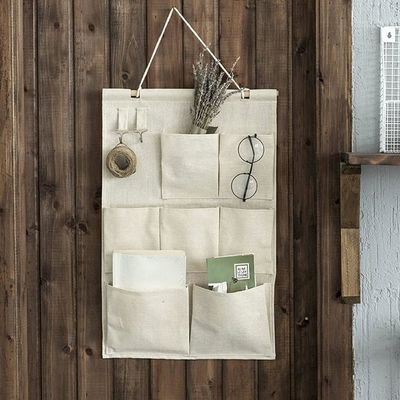 Sac De Rangement Suspendu 2 Pièces - Organisateur Sur Porte En Tissu Lin Avec 4 Compartiments Et Crochets - Gris Et Blanc