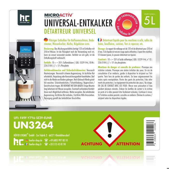Détartrant Universel Microactiv® 2x5L Avec Indicateur Couleur - Biodégradable Pour Café Lave-vaisselle