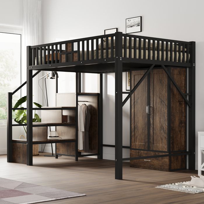 Lit Mezzanine Métal 140x200 Cm – Avec Bureau, échelle Rangement, Penderie | Lit Enfant Ado, Espace Gainé, Structure Robuste