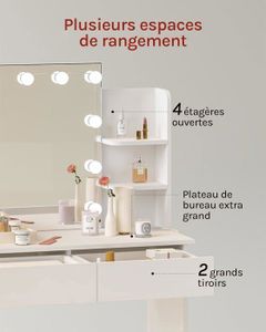 Coiffeuse Blanche Avec Miroir LED Cœur Et Tabouret – 4 Tiroirs + 3 étagères – 80 Cm – Idéale Pour Petit Espace (appart, Chambre)