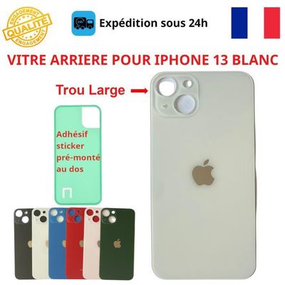 Vitre Arrière Pour IPhone 13 Blanc Avec Grand Trou - Avec Adhésif, Neuf