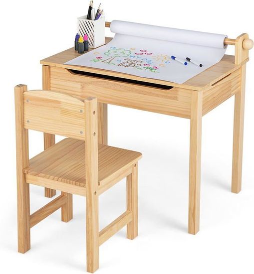 Bureau Enfant GOPLUS Avec Chaise - Tableau Blanc, Rangements Et Pieds Bois - Table D'Étude 3+ Ans 90x45cm
