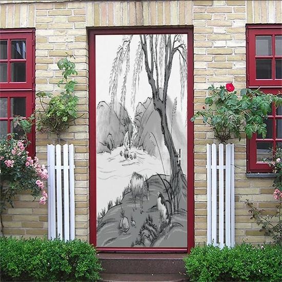 Affiche Porte 3D Paysage Fluvial Forestier 100x215 Cm - Autocollant Auto-Adhésif Amovible - Décoration Murale Immersive