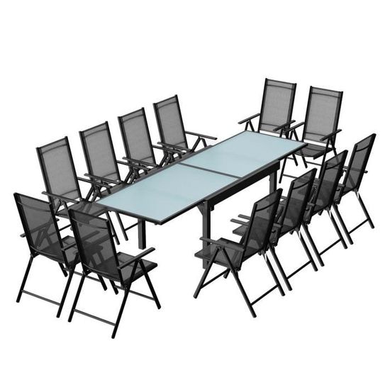 Salon de jardin - 12 places - BRESCIA  - Concept Usine - extensible - Aluminium - Table Rectangle - 12 fauteuils - Gris