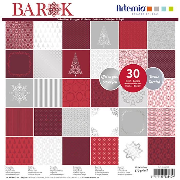 Bloc de 30 feuilles de papier scrapbooking 30x30 cm 'Barok foil argent et vernis' d'Artemio