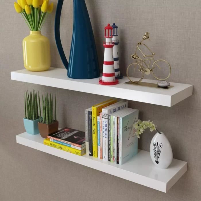 YWT ® 2 Etagères murales en MDF Blanc pour DVD-Livres 80 x 20 x 3,8 cm