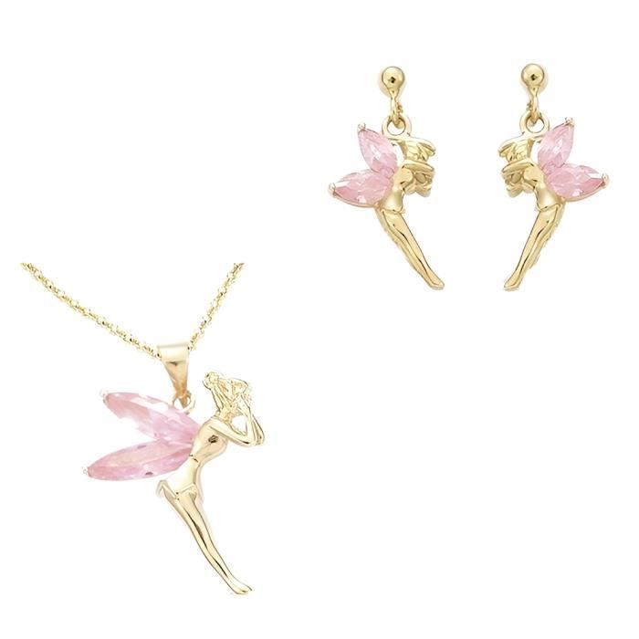 Parure Bijoux Fée Clochette Cristal Rose Or Jaune GF 750*