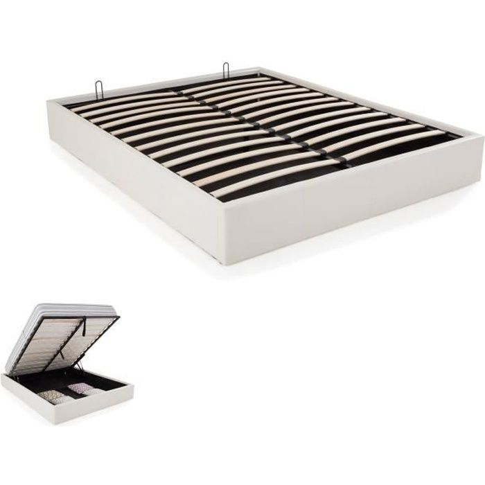 STORAGE Lit Coffre 160x200 Chrome et simili cuir Blanc
