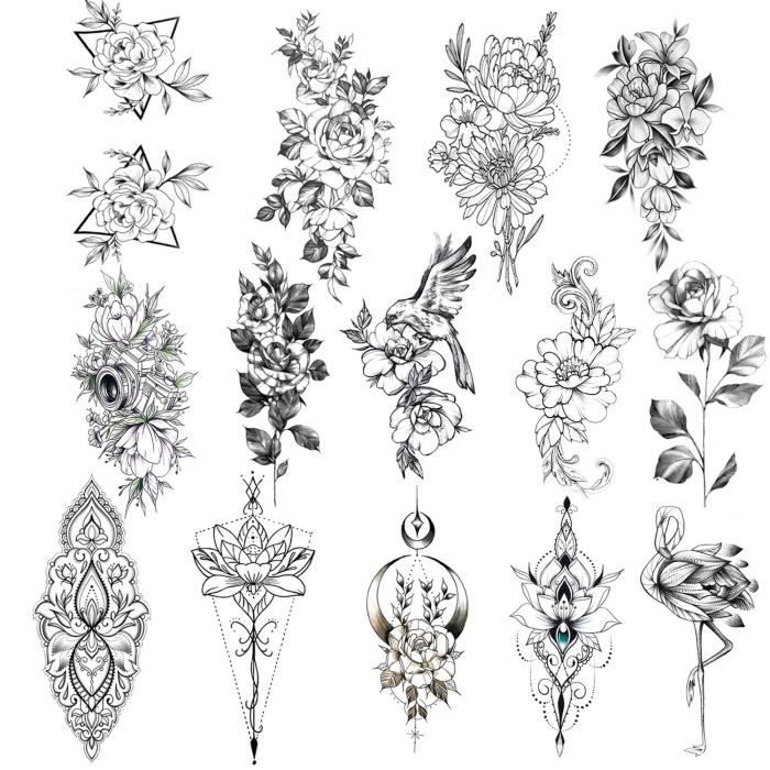 Konsait 14 feuilles Sexy Réaliste Fleur Tatouages Temporaires Pour Adulte Femme Enfants Noir Tattoos Éphémères Étanches Rose Fleu