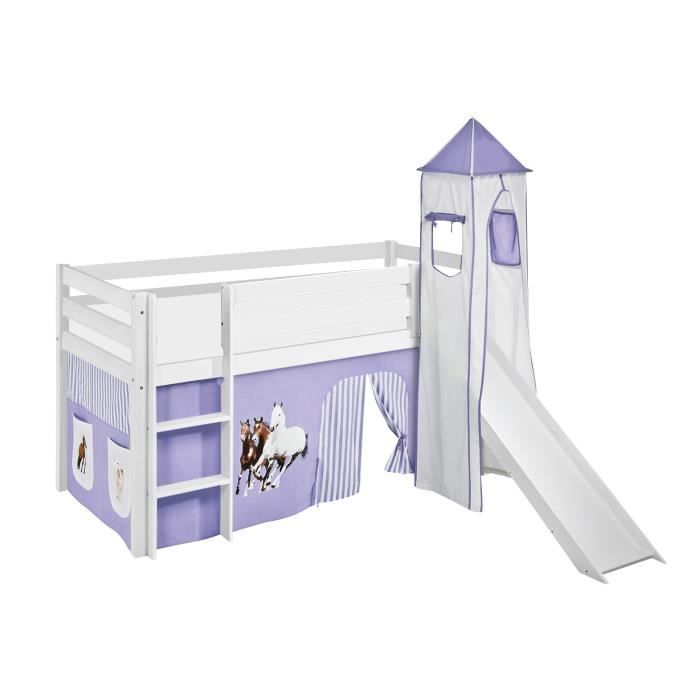 Lit surélevé ludique JELLE 90 x 190 cm Chevaux lilas beige - avec rideaux, tour et toboggan - LILOKIDS - blanc laqué