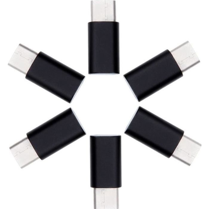 Adaptateur USB-C vers Micro USB, 6-Pièce USB Type-C vers Micro USB Adapteurs pour Huawei P9, Nexus 5X / 6P, LG G5, OnePlus 3Etc Noir