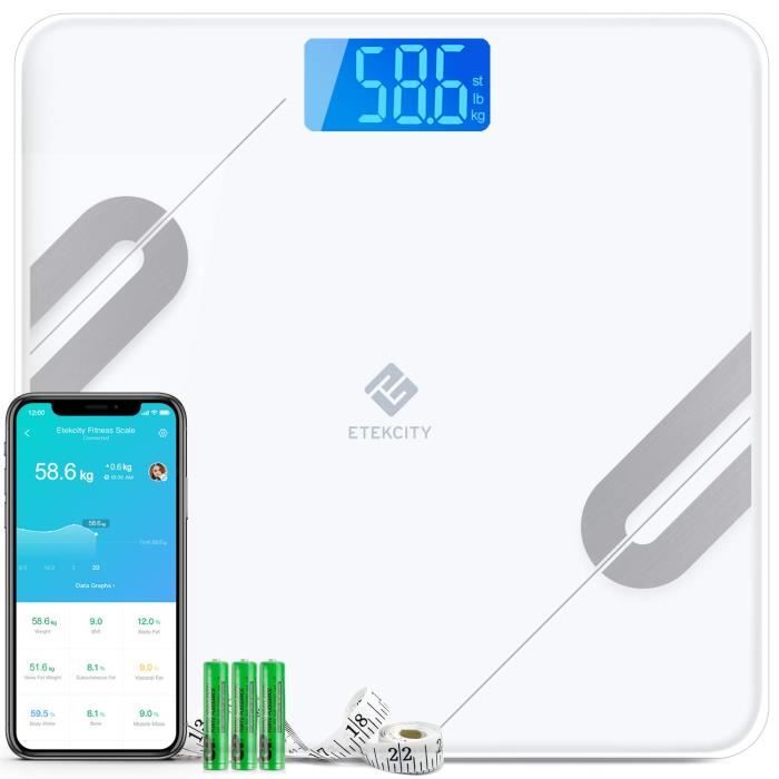 Etekcity Pèse Personne Impédancemètre, Balance Connectée, Pèse Personne Connecté Bluetooth, 12 Données Corporelles(BMI-Muscle-Eau