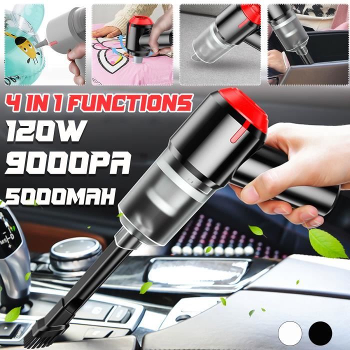 120W 9000Pa Mini Aspirateur de Nettoyage Sans Fil à Double Usage (avec Brosse, Buse Plate, Tête D'aspiration, Tête de Pompe) Noir