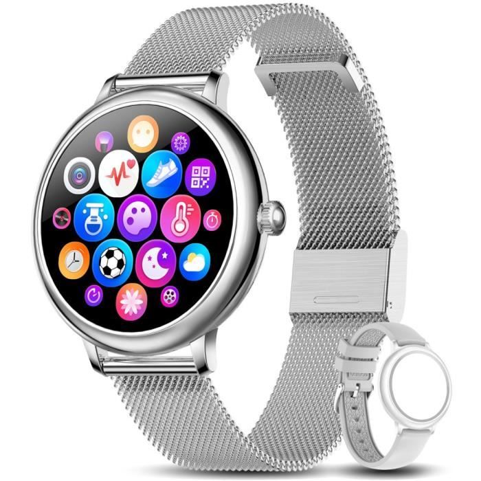 Montre Connectée Femme Argent, Smartwatch Sport , Podomètre Calorie, Fitness + 1 bracelet gris offert