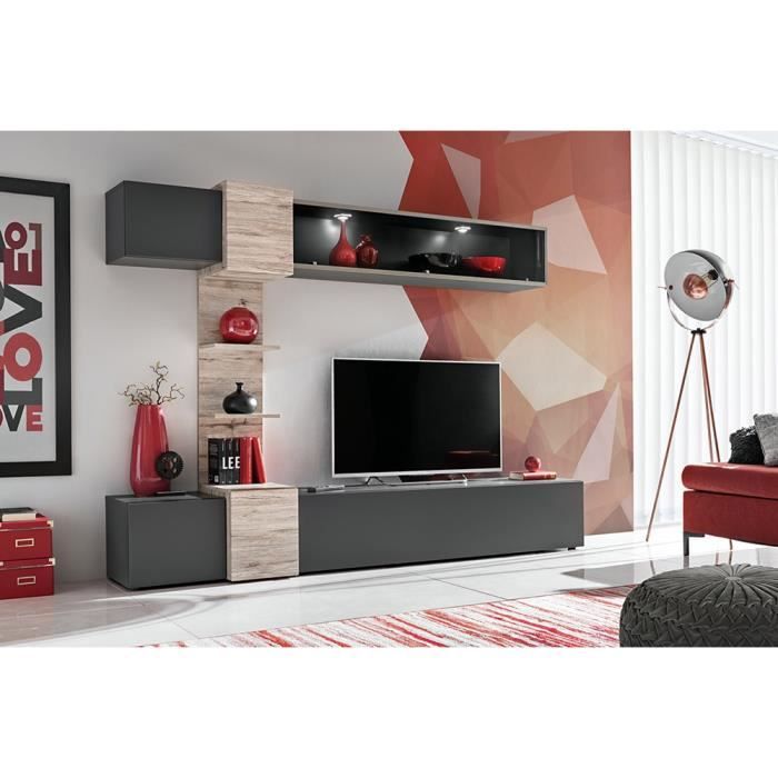 Ensemble salon HONOR. Composition TV murale coloris Gris Anthracite et bois. LED incluses. 230