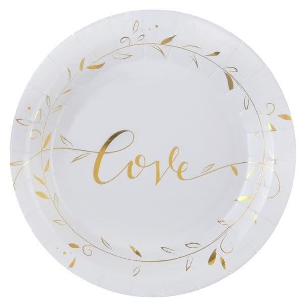 Assiette mariage LOVE blanche et dorée métallisée (x10) R/6322 Matière carton