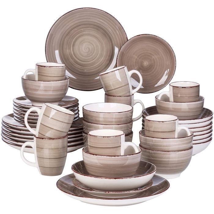vancasso, Série Bella, Service de Table en Porcelaine,Faïence Style Vintage Rustique,Motif Cercle Arbre-Gris -40pcs