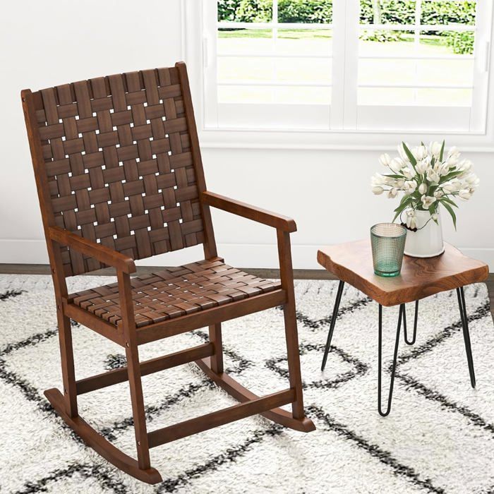 relax4life chaise à bascule en bois de caoutchouc, siège en pu, pieds antidérapants, fauteuil salon chambre jardin, marron