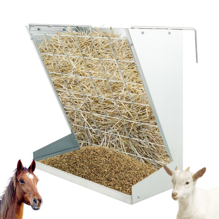 Comparer les prix de COSTWAY Distributeur de Foin et Grains 2-en-1, Distance Ajustable, Râtelier à Foin à Suspendre 83L pour Cheval Mouton Vache Cochon
