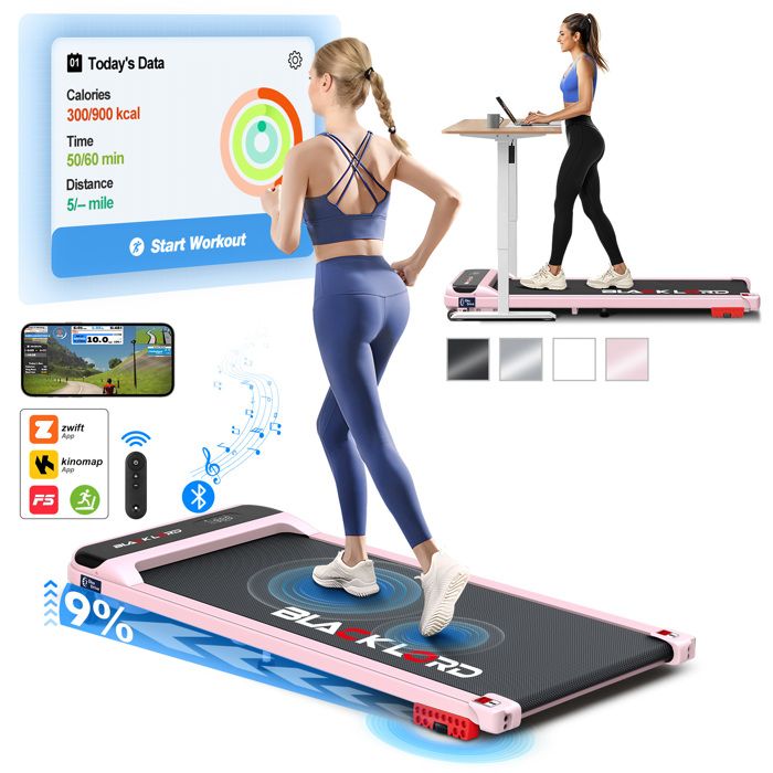 Tapis De Marche Bureau BLACK LORD - Mince, 1-11 Km/h, Bande 390 Mm, Télécommande, Rose