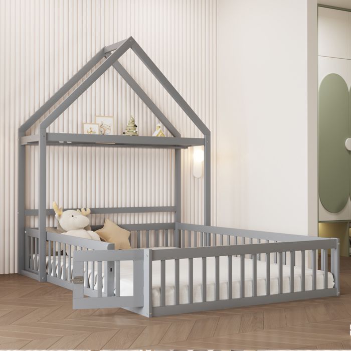 Lit enfant cabane - Bois massif - 140x200cm - Gris - Avec tringle à vêtements - 2 places