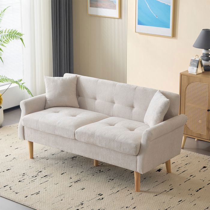 Canapé 2 places - Chenille Beige- Pieds bois massif