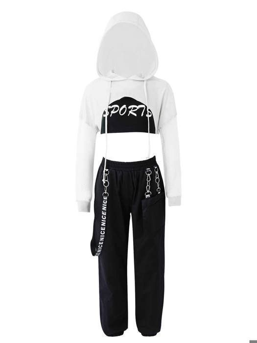 zdhoor 3 Pcs Enfant Fille Ensemble Survetement - Blanc - Danse Hip Hop Jazz Crop Top Sport Sweat et Pantalon Cargo