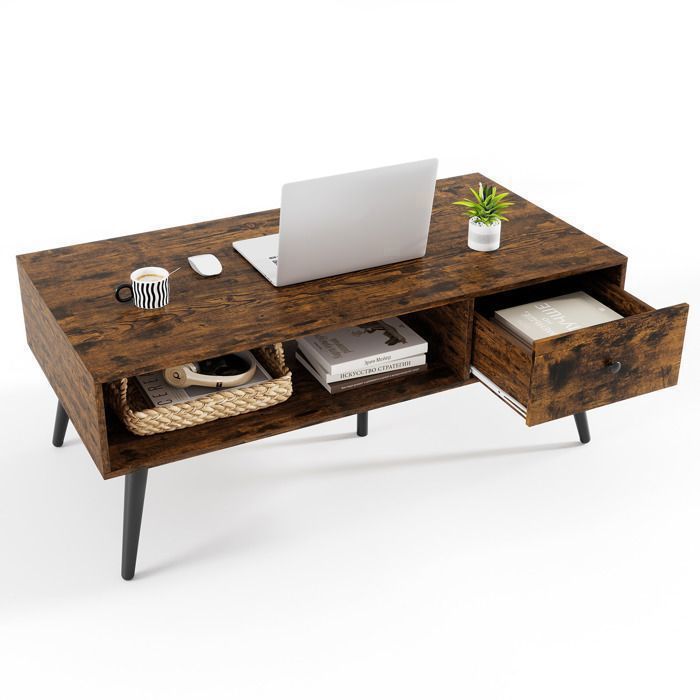 Table Basse Rectangulaire COSTWAY Tiroir Etagère de Rangement Ouverte Table Salon 109x55cm pour Chambre Bureau Marron Rustique