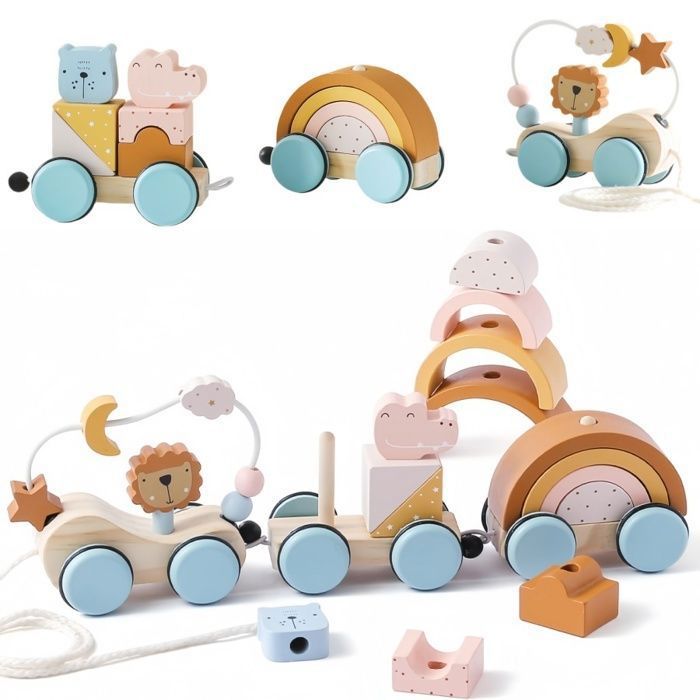 Jouet Bebe 1 2 3 Ans - Train en Bois Montessori - Jouet déveil à Tirer - Cadeau Idéal Noël & Anniversaire Fille Garçon 12 Mois +
