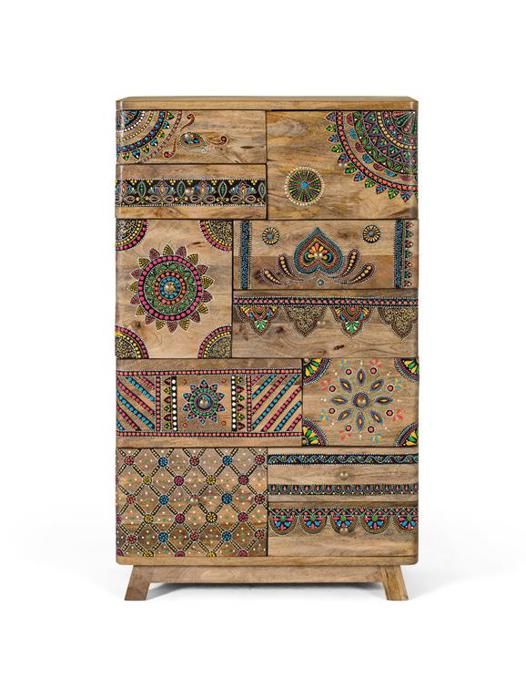 Commode - Giner y Colomer - 11 Tiroirs - Bois de Manguier - Peinte à la Main - Multicolore