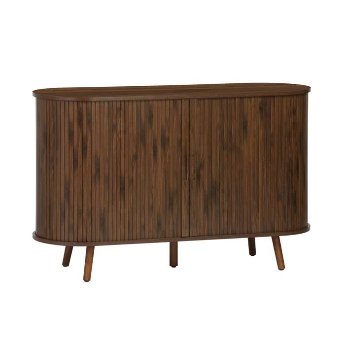 Buffet scandinave 2 portes coulissantes. 4 compartiments. décor bois rainuré. couleur noyer. buffet bas. L 120 x P 40 x H 75cm