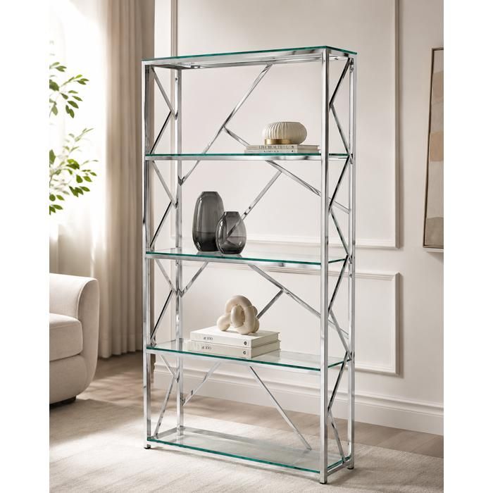 Bibliothèque GEOMAG Chrome 4 étagères en verre transparent