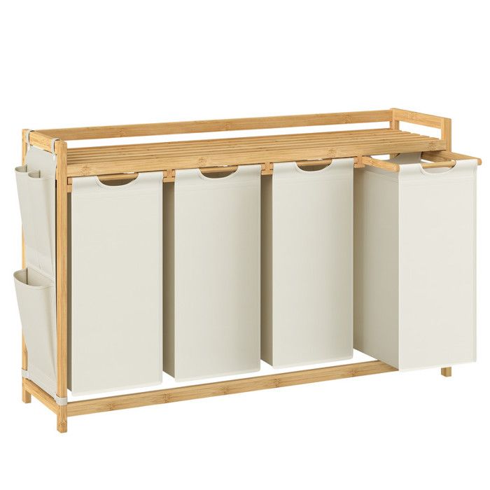 Panier à Linge - SONGMICS - 4 Compartiments - Bambou - 200L - Étagère - Blanc Crème