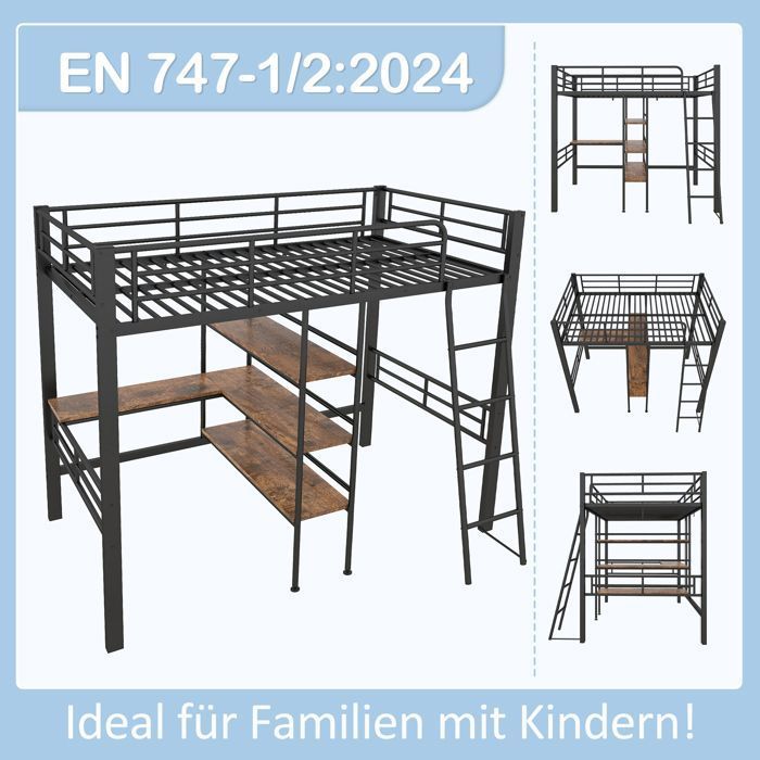 Lit mezzanine 90*200cm sans matelas Lit avec bureau Plusieurs étagères Rampe Échelle Cadre en fer Noir