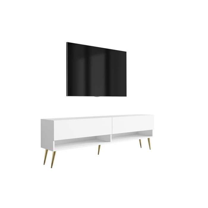 Meuble TV : Blanc Mat pieds obliques dorés 170 × 32 × 52 cm