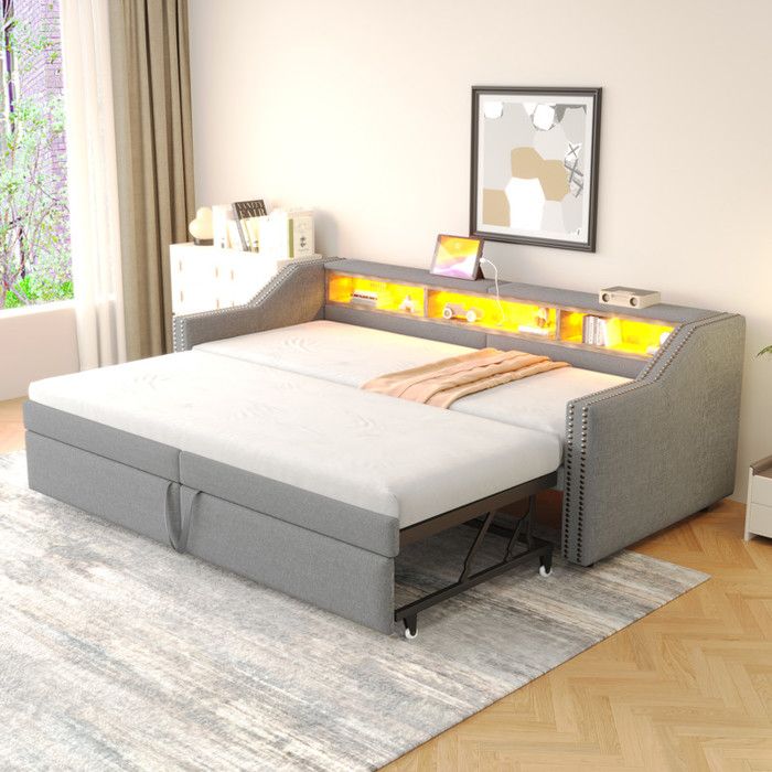 Canapé-Lit Convertible 90/180x200 cm avec LED et USB Structure de Lit avec Compartiment de Rangement Lit 2 Personnes Gris Clair