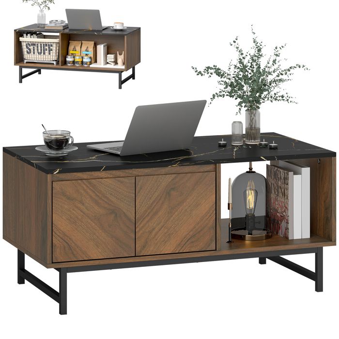 Table basse - HOMCOM - plateau effet marbre 2 portes et 2 niches ouvertes - panneau de particules et MDF - 100x50 8x45 7cm - noyer Table basse - HOMCOM - plateau effet marbre 2 portes et 2 niches ouvertes - panneau de particules et MDF - 100x50 8x45 7cm - noyer