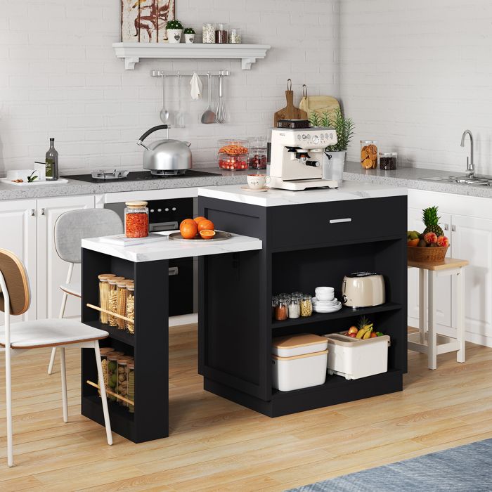 Îlot de Cuisine Noir et Blanc Buffet de Cuisine avec Table Extensible Prises USB Tiroirs et Rangements 211x 55 x 895cm